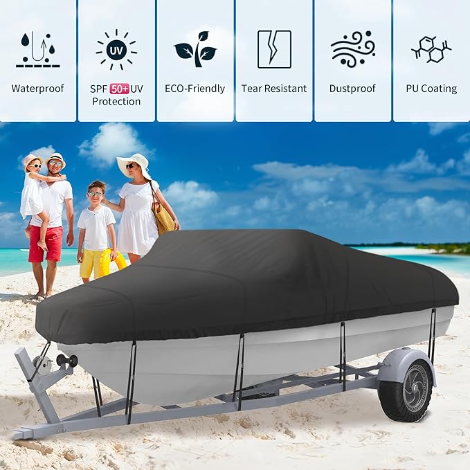 NEXCOVER Trailerable Boat Cover, Length: 17'-19' Beam Width: up to 96", Waterproof Heavy Duty Cover, Fits V-Hull, TRI-Hull, Runabout, Pro-Style, Bass Boat, Storage Bag & Tightening Straps Included.