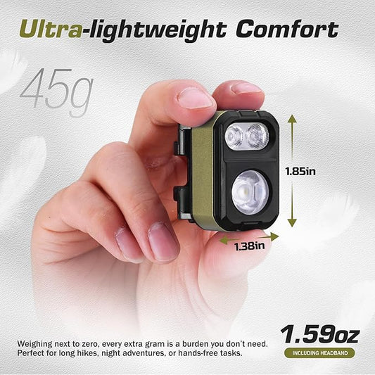 EverBrite Rechargeable LED Headlamp, Ultra-Light with Hat Clip, IP67 Waterproof, White/Red/Green Light, 7 Modes for Camping, Running and Backpacking-Green