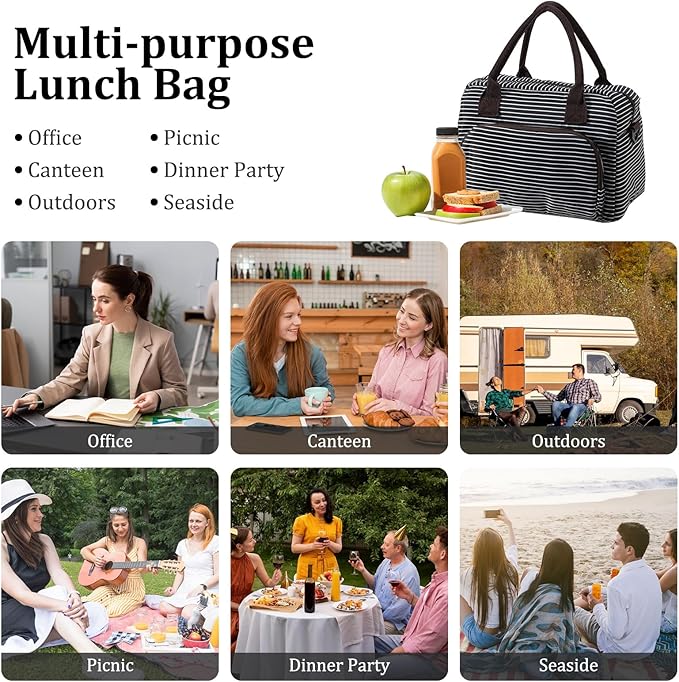 Lunch Bag for Women Men Insulated Reusable Large Lunch Box Adult Striped Leakproof Portable Cooler Tote Bags for Work Picnic