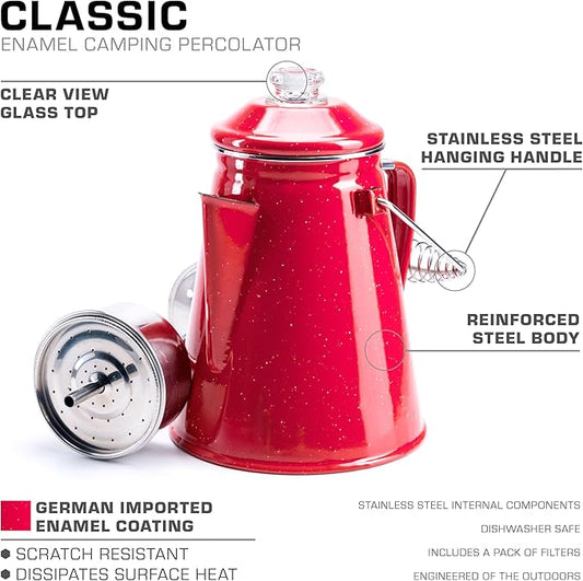 COLETTI Classic Percolator Coffee Pot — Camping Coffee Percolator, Campfire Coffee Pot – Camping Percolator for Groups — Brew for the Whole Campsite (Red, 12 Cup)