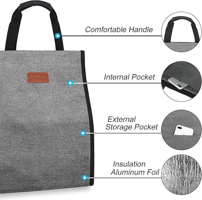 Lunch Bags for Women Insulated Reusable Lunch Tote with Internal Pocket, Lunch Tote bag for Work (Grey