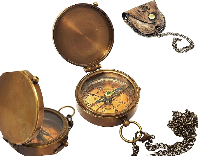 Brass Compass Nautical Pocket Backpacking Compass Leather Case Vintage Camping Hiking Direction Marine Graduation Confirmation Day Engravable for Men Quality Travel Accessory