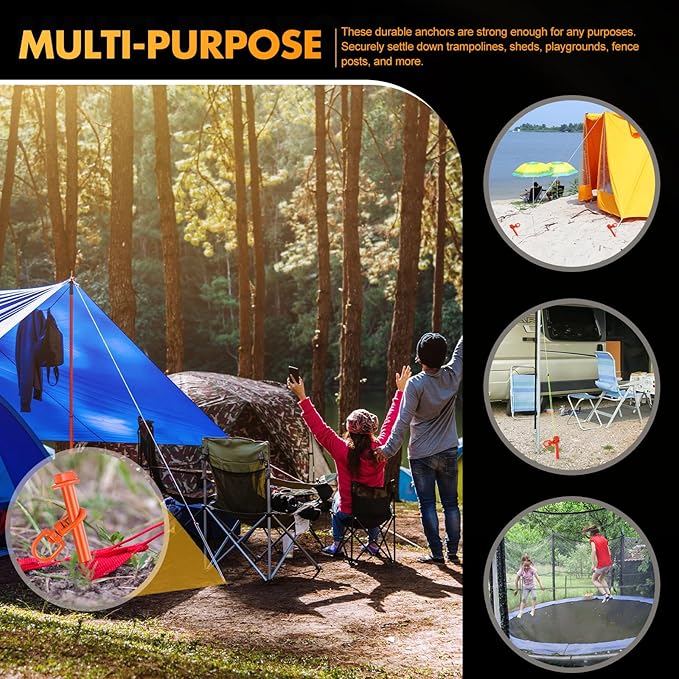 Zhengmy 12 Pcs Ground Anchors Screw in, 12 Inch Heavy Duty Tent Stakes with Trampoline Anchor Hook Ground Stakes for Camping Tent Canopies Ports Sheds Swing Sets Securing Animals (Orange)