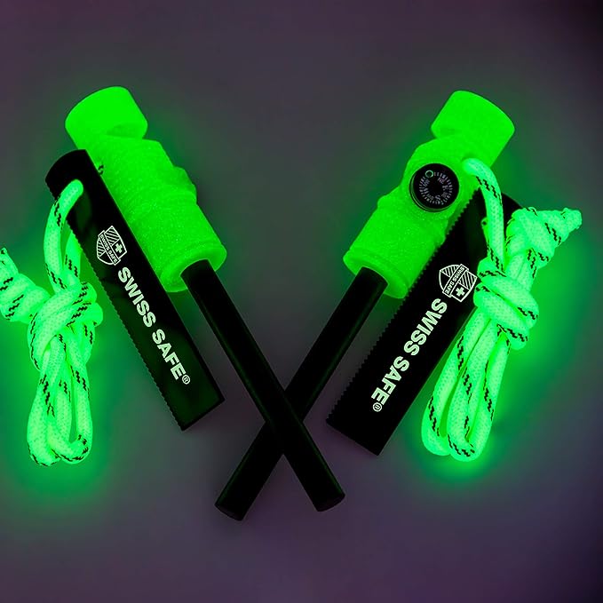 Swiss Safe 5-in-1 Fire Starter with Compass, Paracord and Whistle (2-Pack) for Emergency Survival Kits, Camping, Hiking, All-Weather Magnesium Ferro Rod