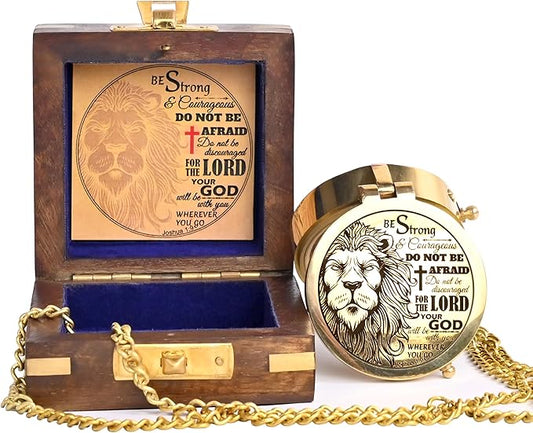 Brass Compass Engraved with Religious Scripture Verse (Joshua 1:9) - Perfect for Baptism, Confirmation, Communion - Ideal for Godson, Church, Graduation - Presented in Wood Box