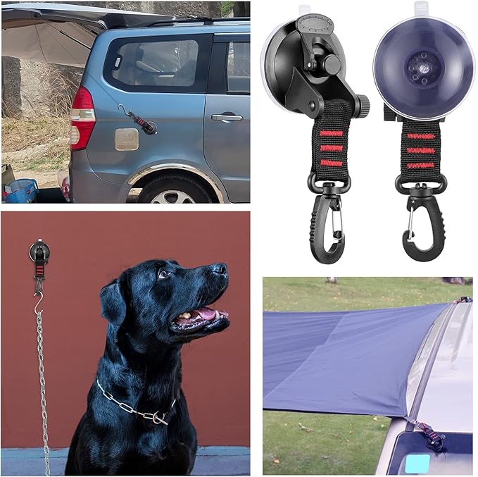 OCR 4 Pack Vacuum Suction Cup, Heavy Duty Sucker Cup Anchor with 8 Securing S Hook, Car Tensioner for Camping Car Mount Tents Luggage Tarps Car Side Awning (with Red Webbing Hook)
