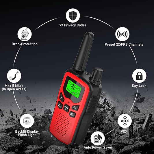 Walkie Talkies,Erelis Long Rang Walkie Talkies with 22 FRS Channels,Walkie Talkies for Adults with Lamp,VOX,LCD Display for Outdoor Activities(Red)