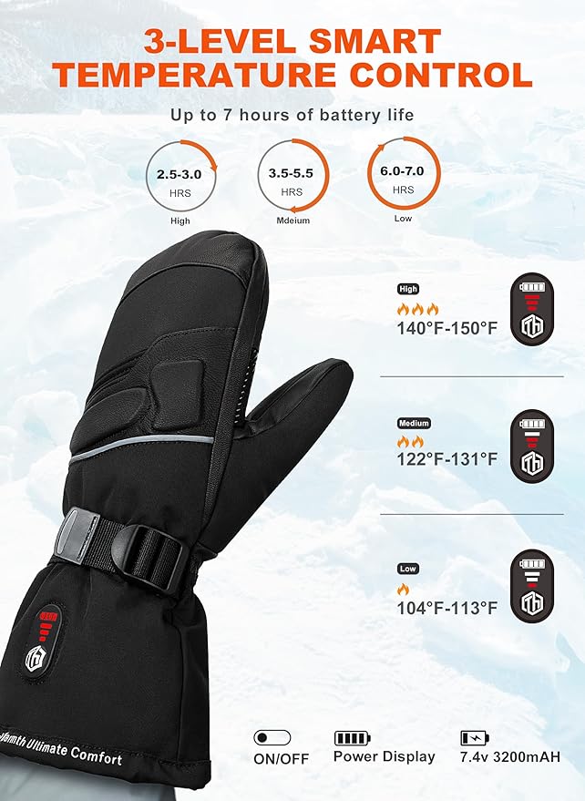 ThxToms Heated Mittens Gloves for Men Women, Rechargeable Heated Gloves with Touchscreen, 7.4V 3200mah Waterproof Winter Ski Gloves for Skiing Snowboarding Fishing,Camping, Hiking,L