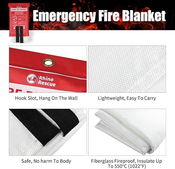 RHINO RESCUE Fire Blanket, 40''×40'' Fiberglass Emergency Fireproof Gear, Flame Retardant Protection for Home, Kitchen, Camping, Hiking, 4 Count