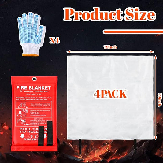 4 Sets Fire Blankets Emergency for Home Kitchen, Large Fiberglass Fire Suppression Blanket with Gloves Flame Retardant Survival Safety Blanket for Fireplace Office Warehouse Car Camping (79 x 79 Inch)