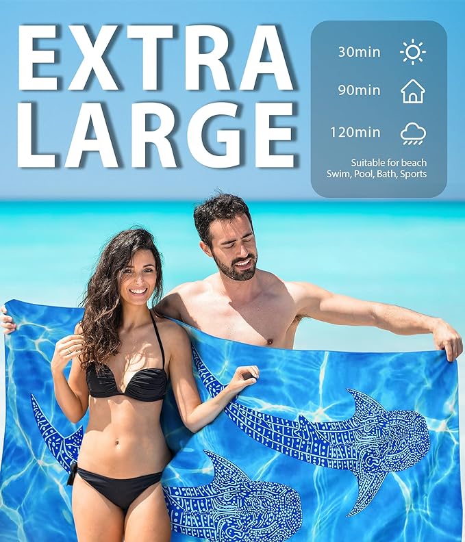 Microfiber Beach Towel – Quick Dry Lightweight Sand Free Oversized Large Towel Accessories Swim Pool Yoga Camping Summer Cruise Ship Essentials Compact Sandproof Gift (Shark Turtle Mandala,71" 32")