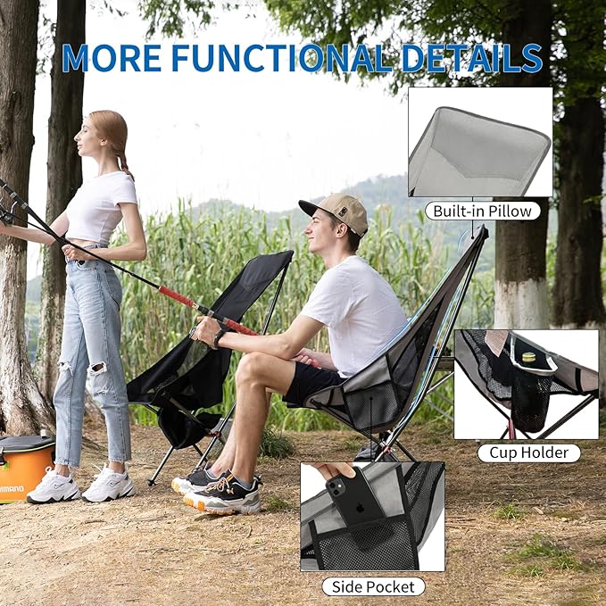 Camping Chairs, All Aluminum Frame Portable Folding Camp Chair for Adults, Heavy Duty High Back Collapsible with Built-in Pillow, Side Pocket, Carry Bag for Backpacking, Hiking, Beach