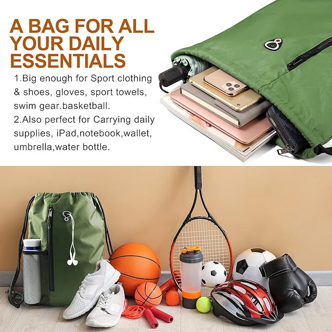 Drawstring Backpack Sports Gym Bag for Women Men Large Size With Two Zipper Pockets and Water Bottle Mesh Pockets