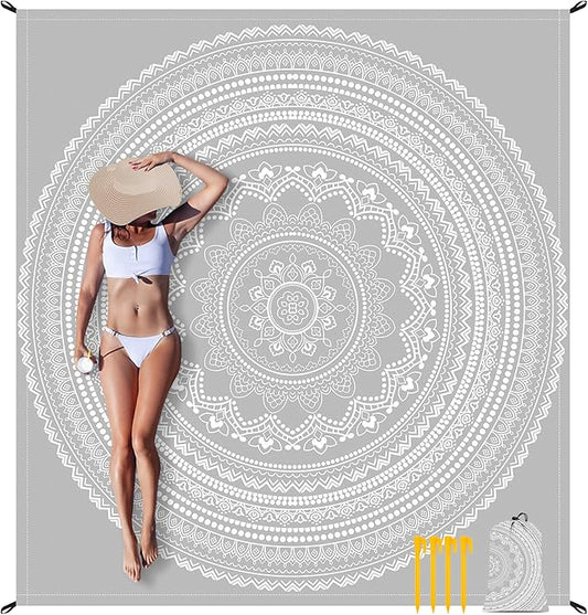 Beach Blanket Waterproof Sandproof, Large 78''×86'' Beach Mat for 1-4 Adults, Lightweight Compact & Quick Dry Sand Free Outdoor Picnic Blankets w/ 4 Stakes & 4 Corner Pockets-Grey Mandala Blossom