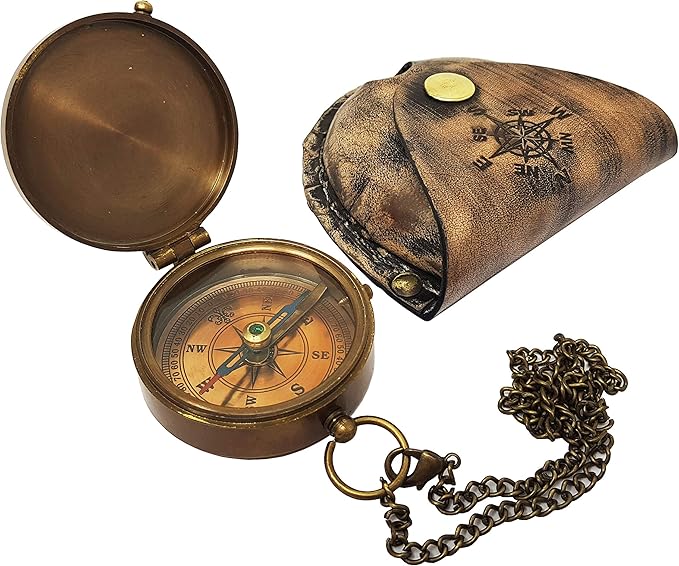 Brass Compass Nautical Pocket Backpacking Compass Leather Case Vintage Camping Hiking Direction Marine Graduation Confirmation Day Engravable for Men Quality Travel Accessory