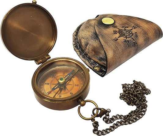 Brass Compass Nautical Pocket Backpacking Compass Leather Case Vintage Camping Hiking Direction Marine Graduation Confirmation Day Engravable for Men Quality Travel Accessory