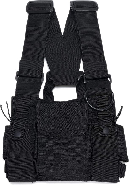 Radio Chest Harness Rig Holster Pack with Front Pouches and Zipper Bag for Universal Walkie Talkies
