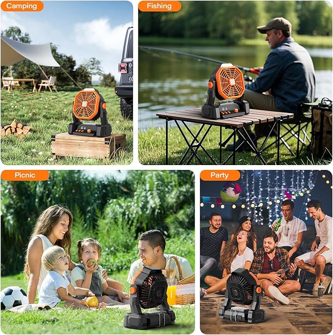 Portable Camping Fan Rechargeable with Inductive Charging Function, 20000mAh Battery Operated Fan with Lights, Outdoor Battery Powered Fan with Remote, 3 Timer for Picnic, Fishing, Travel, Home