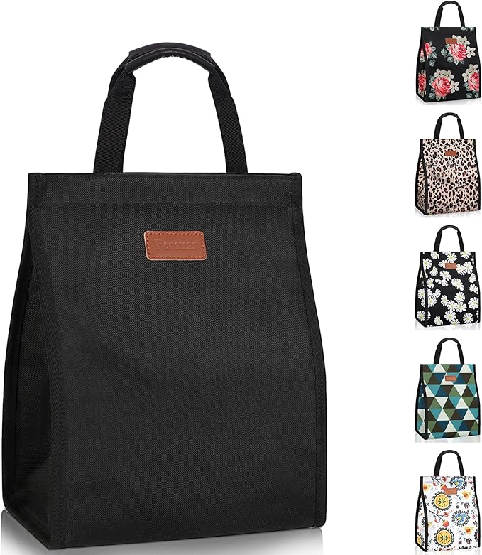 Lunch Bags for Women Insulated Reusable Lunch Tote with Internal Pocket, Adult Lunch Tote bag for Work (Black