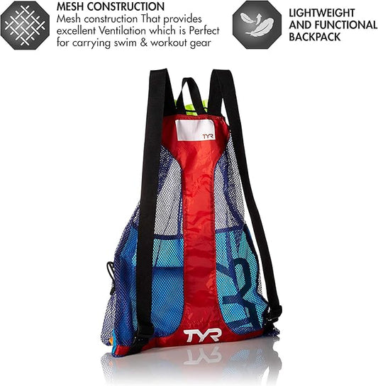 TYR Big Mesh Mummy Backpack for Wet Swimming, Gym, and Workout Gear, Blue/Yellow