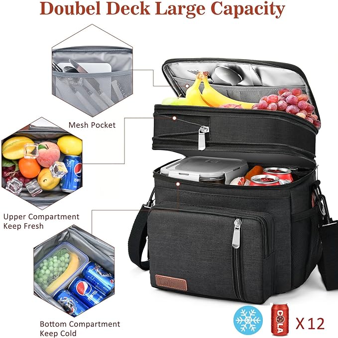 Lunch Box & Lunch Bag for Men Women, Large Insulated Adult Lunch Box Leakproof Lunchbox Cooler Bag for Work Picnic Beach,16L, Black