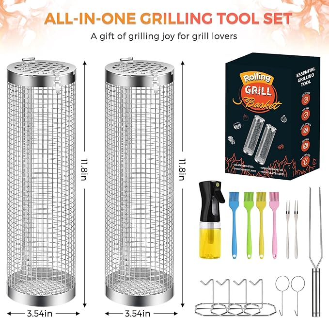 Rolling Grilling Basket, 2 PCS BBQ Grill Basket， Stainless Steel Grill Mesh with Grilling Accessories, Portable Outdoor Camping BBQ Grill Nets Cylinder for Fish, Shrimp, Vegetables, Meat