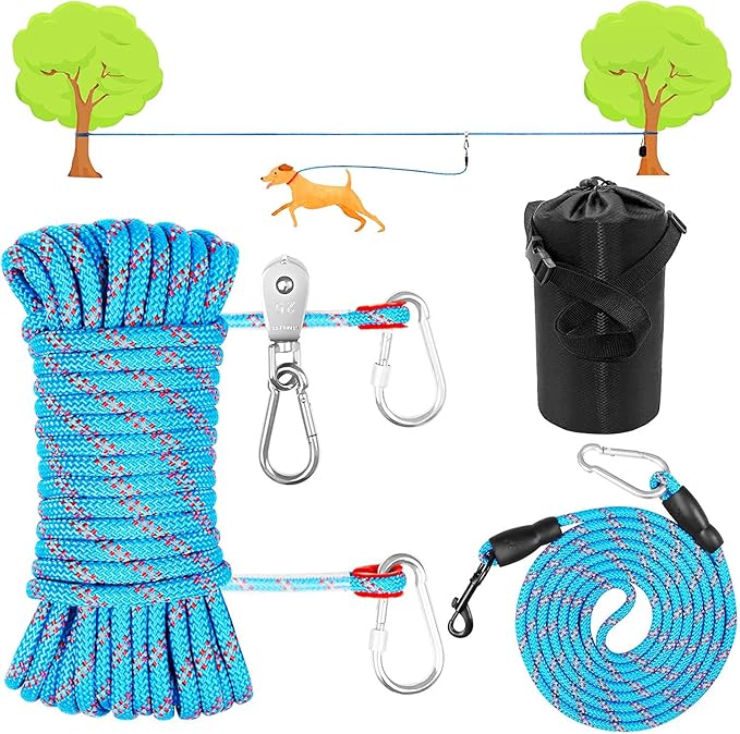 Dog Tie Out Cable for Camping,50ft Portable Overhead Trolley System with 10ft Runner Lead for Dogs up to 200lbs，Portable Reflective Dog Lead Line for Yard, Park and Outdoor (Blue)