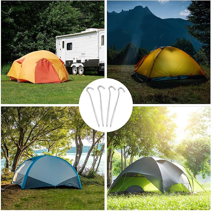 GEEWAY 7 Inch Aluminum Tent Stakes Pegs with Hook, 20 Pcs Camping Canopy Hooks Secure Ground Support for Outdoor Decorations and Tarps, Silver
