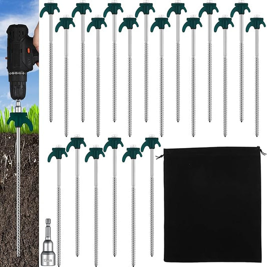 JaGely 20 Pcs 12 Inch Tent Stakes Heavy Duty Ground Anchors Metal Threaded Tent Spikes Non Rust Camping Stake Tent Pegs Screw with Hex Head Driver for Camping Yard Decor Outdoor (Blackish Green)