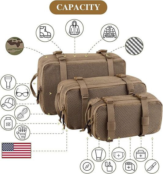 PETAC GEAR 3 PCS Tactical Modular Packing Cubes, Large Capacity Mesh Storage Bag,Outdoor Travel Organize Storage Pouches Bags.