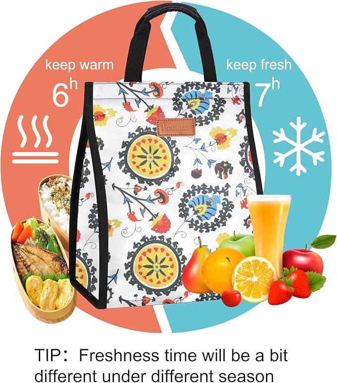 Lunch Bags for Women Insulated Reusable Lunch Tote with Internal Pocket, Lunch Tote bag for Work (Colorful Flowers)