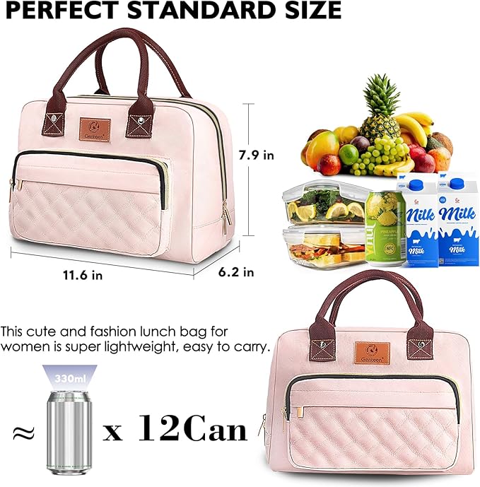 Genteen Lunch Bag for Women Girls Teens,Insulated Adult Lunch Boxes for Women,Reusable Cute Lunch Bags for Work,High Capacity Tote Lunchbox Cooler for Office Travel Picnic School-Pink