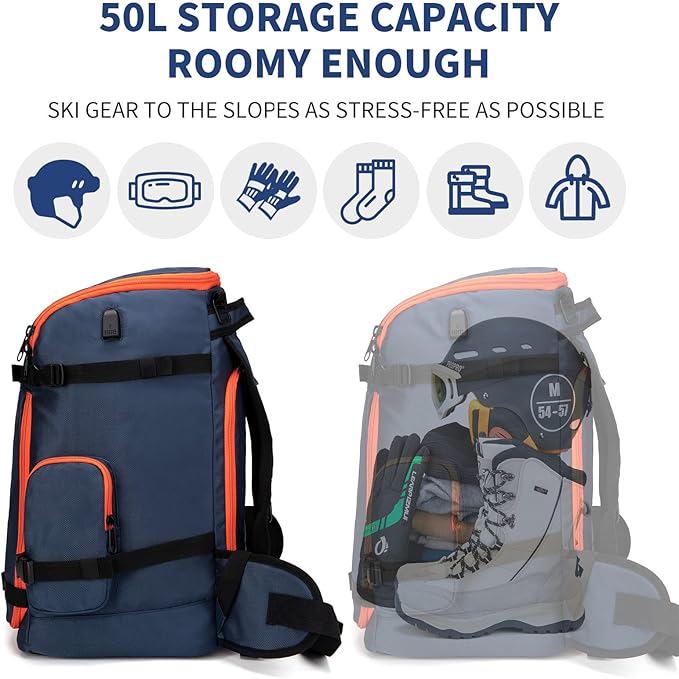 Ski Boot Bag Backpack, 50L Large Capacity Water-Resistant Padded Ski Travel Bag & Snowboard Boot Bag for Ski Boots, Helmet, Goggles, Clothes, Gloves, Snowboard Gear (Dark Blue)