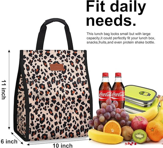 Lunch Bags for Women Insulated Reusable Lunch Tote with Internal Pocket, Lunch Tote bag for Work (Leopard)