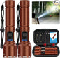 Flashlights 100,000 High Lumens Rechargeable - Super Bright LED Magnetic Flashlight with Sidelight 8 Modes Waterproof Powerful Handheld Flash Light for Emergency (2 Pack with Leather Box, Brown)