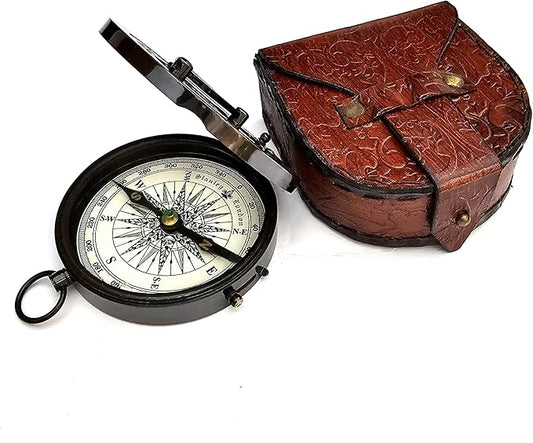 Nautical Camping Hiking Handmade Direction Compass Antique Brass Sundial Style Compass with Leather Case Gifts for Graduation, Baptism, Confirmation Boys, Girls