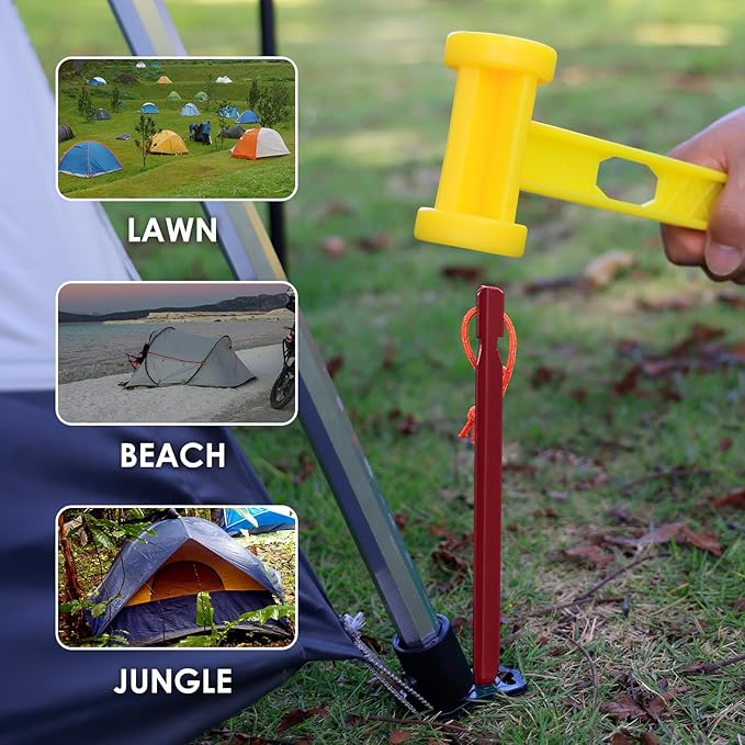 Grassman Tent Stakes, 16 Pack 9in Heavy Duty Ground pegs with Reflective Pull Ropes, Leightweight-Durable-Safe Metal Backpacking Camping Spiles