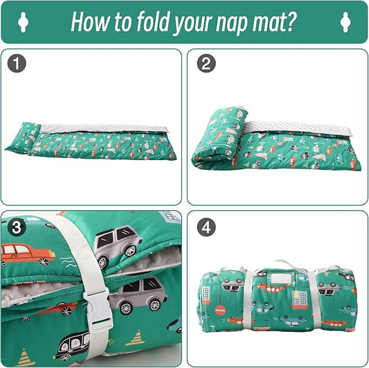 Bunnikins & Clover Toddler Nap Mat with Removable Pillow, Nap Mats for Preschool, Easy Clean Toddler Nap Pad for Kindergarten, Kids Sleeping Bag for Travel Camping