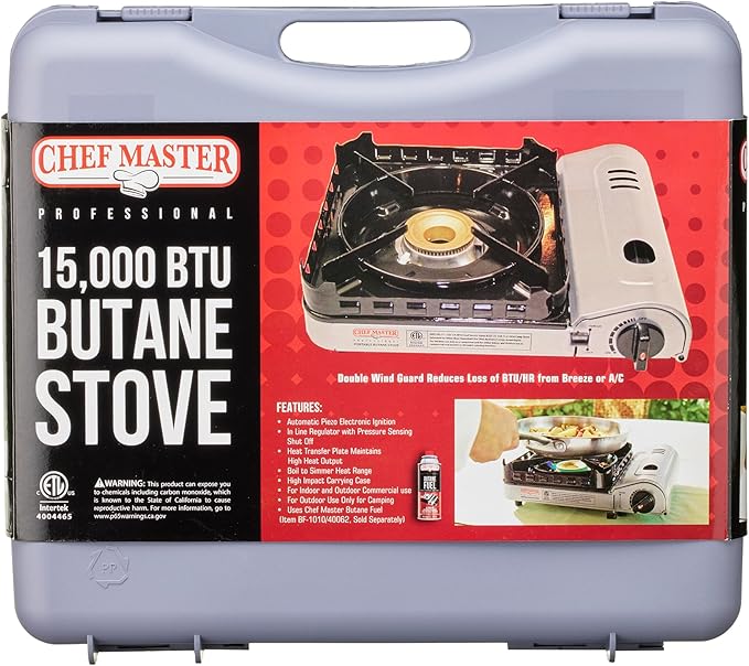 Chef Master 15,000 BTU Output Portable Butane Camping Stove, Double Wind-Guard Portable Stove Burner, Piezo Click Ignition for Emergencies, Tailgating, Hiking, Backpacking & Camping Essentials - 90019
