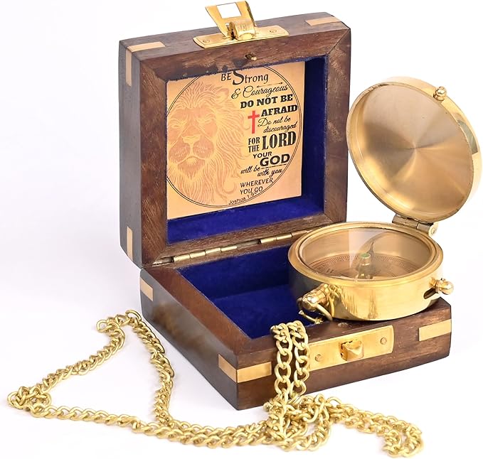 Brass Compass Engraved with Religious Scripture Verse (Joshua 1:9) - Perfect for Baptism, Confirmation, Communion - Ideal for Godson, Church, Graduation - Presented in Wood Box