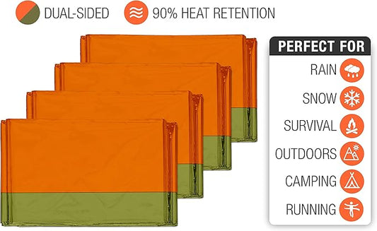 Swiss Safe Emergency Mylar Thermal Blankets + Bonus Space Blanket - Compact & Insulated for Cold Weather - Designed for NASA, Outdoor Camping, Survival, First Aid Car Kit - Orange & Green, 4 Pack