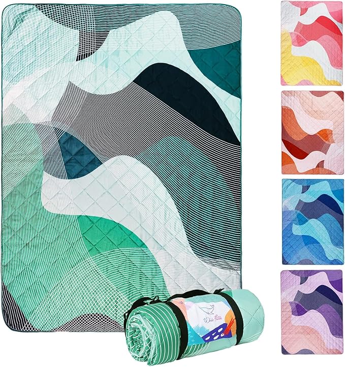 Whale Flotilla Extra Large Outdoor Picnic Blanket (60”x80”), Foldable Waterproof Sand Beach Mat Camping Blankets, Lightweight Soft Handy Mat Tote for Park Hiking Travel, Green