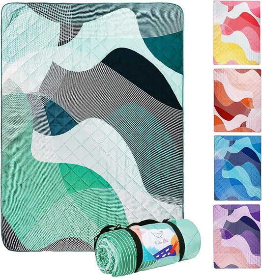Whale Flotilla Extra Large Outdoor Picnic Blanket (60”x80”), Foldable Waterproof Sand Beach Mat Camping Blankets, Lightweight Soft Handy Mat Tote for Park Hiking Travel, Green