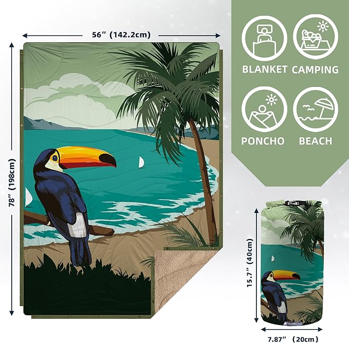 Outdoor Camping Blanket with Sherpa Lining, Extra Warm Thick Camp Blankets & Puffy Ultralight Soft Poncho DWR Camping Quilt for Cold Weather, Adventure,Sleeping,Backpacking 78"x 56"