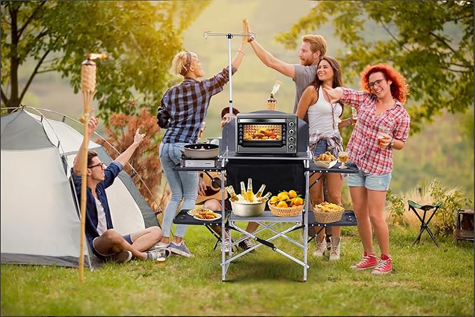 Nice C Camping Kitchen Station, Camping Table, Picnic Table, Grill Table, Folding Table, Upgrade Light Stand and Windshield Cooking Station & Organizers, Carry Bag for Beach, Picnic (Silver/Black)