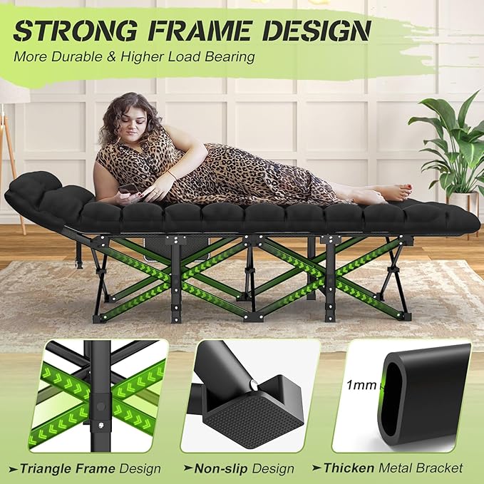Suteck Camping Cot, Folding Camping Cot Bed for Adults Sleeping 1200D Double Layer Oxford Portable Folding Outdoor Cots for Camping W/Soft Pad Carry Bag for Home Office Nap Beach Travel