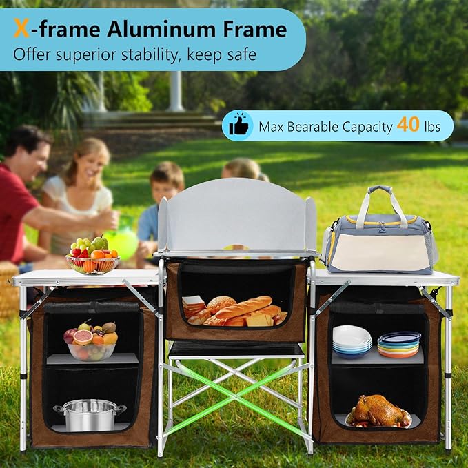 Seeutek Camping Kitchen Table, Aluminum Portable Outdoor Cooking Table, Foldable Camp Table with Windscreen and 3 Storage Cupboards Multifunctional for BBQ, Party, Picnics & Outdoor Brown