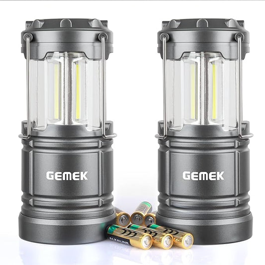 GEMEK Camping Lantern, 2 Portable LED Battery Powered Lantern with Magnetic Base & Foldable Hanging Hook- Collapsible Lamp Perfect for Power Outages, Hiking, Campsites, Roadside Car Repair (Gray)