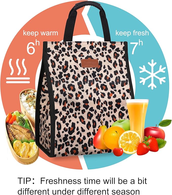 Lunch Bags for Women Insulated Reusable Lunch Tote with Internal Pocket, Lunch Tote bag for Work (Leopard)