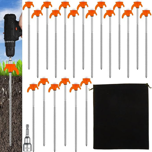 JaGely 20 Pcs 12 Inch Screw in Tent Stakes Heavy Duty Ground Anchors Metal Threaded Tent Spikes Camping Stake Screw in Tent Pegs Screw with Hex Head Driver for Camping Travel Decor Outdoor (Orange)